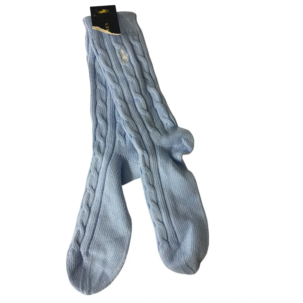 Polo Ralph Lauren Womens Cable Knit Crew Socks Light Blue Embroidered Pony 9-11